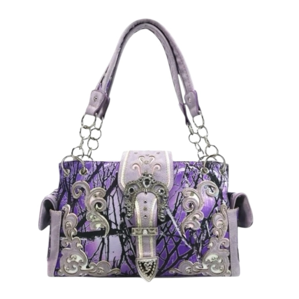 Lavender Camouflage Western Camo Rhinestone Buckle Shoulder Conceal Carry Purse
